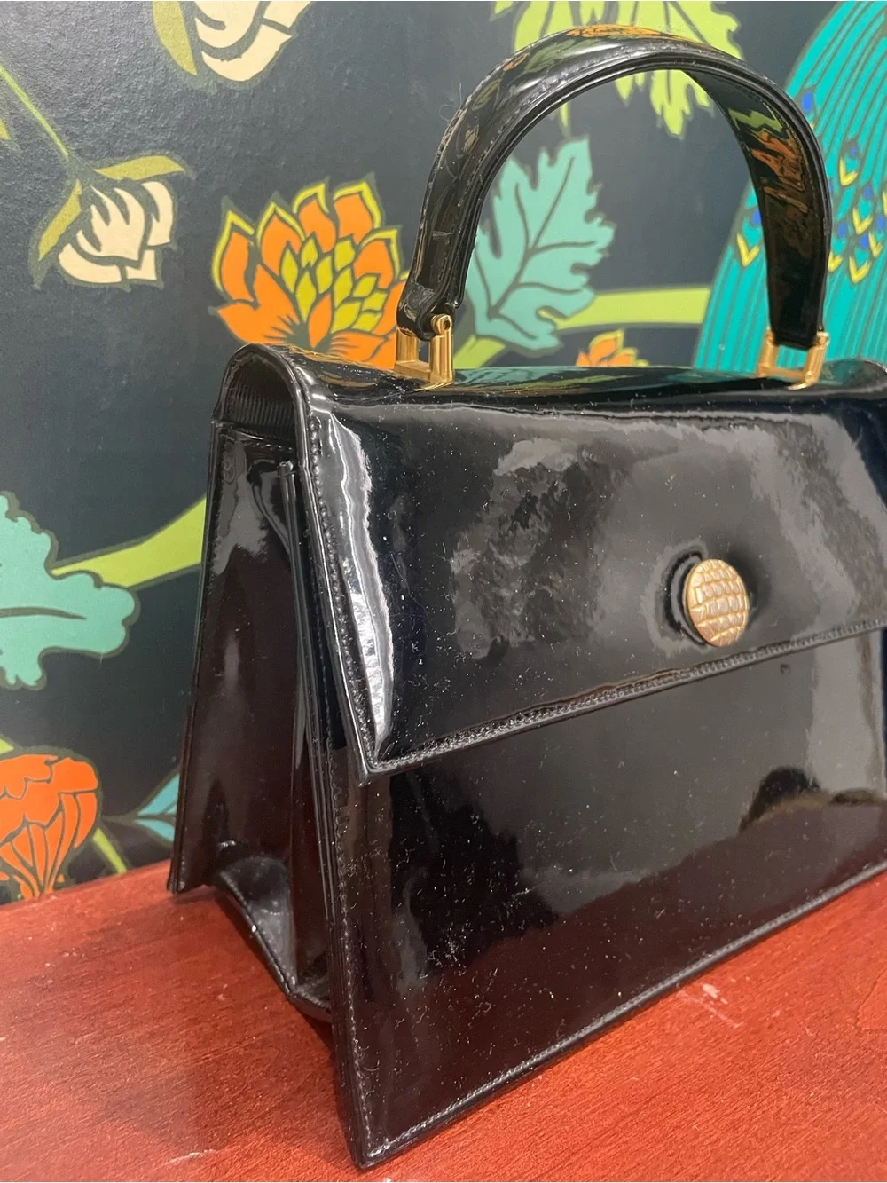 Vintage Bienen-Davis Black Patent Leather Top Handle Handbag with mirror